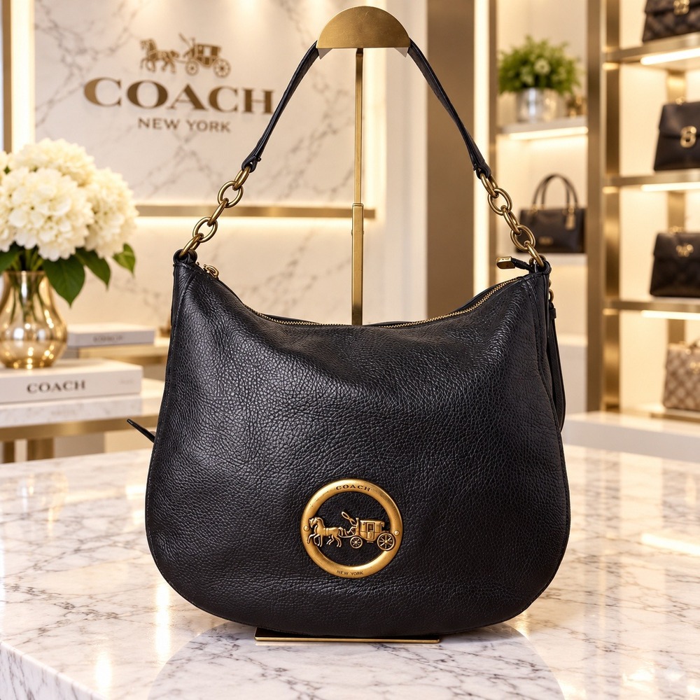 Coach Elle Hobo Bag Black Pebbled Leather Gold Horse Carriage F31400